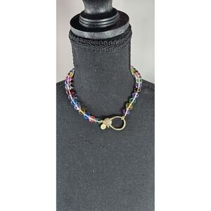 Karli Buxton Multicolor Glass Bead Necklace Rainbow Striped Beads Pavé Clasp